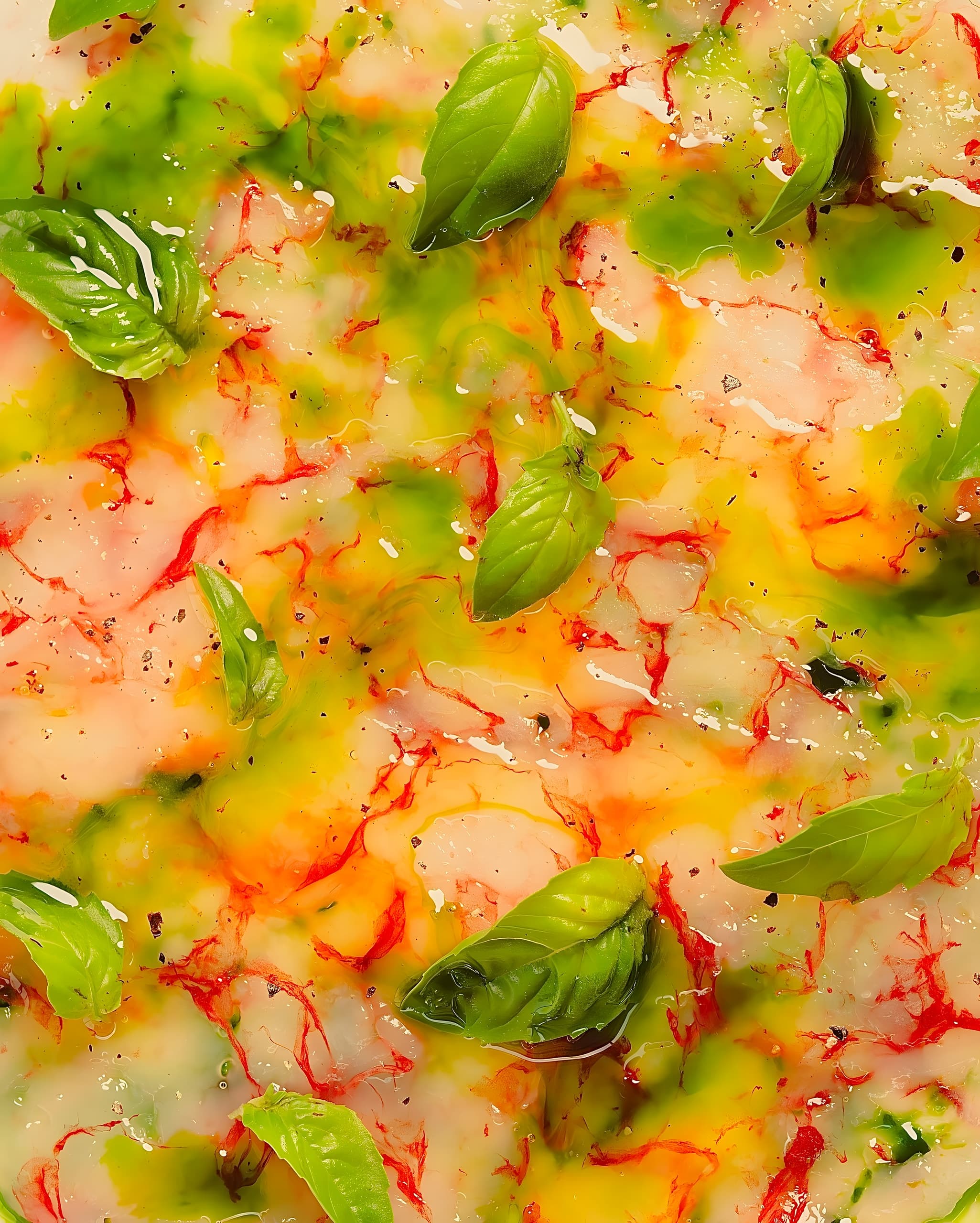 Carpaccio de gambas rouges au basilic, couleurs de palette de peintre